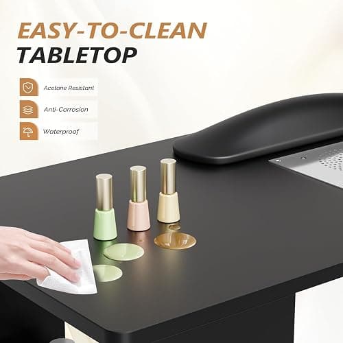 OmySalon L-Shaped Black Nail Desk Manicure Table 42.5 x 33.5 x 42.5 in | Rotatable, with Dust Collector Arm Rest, Divided Cart, Storage Shelf, Acetone Resistant MDF Board, Easy Clean, for Small Room thumbnail 6