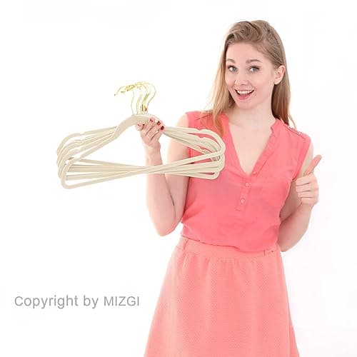 MIZGI Premium Velvet Hangers Pack 50 Pcs Heavyduty - Non Slip Slimline - Velvet Suit Hangers Ivory - Gold Hooks,Space Saving for Clothes - Ivory/Gold - 50-Pack thumbnail 6