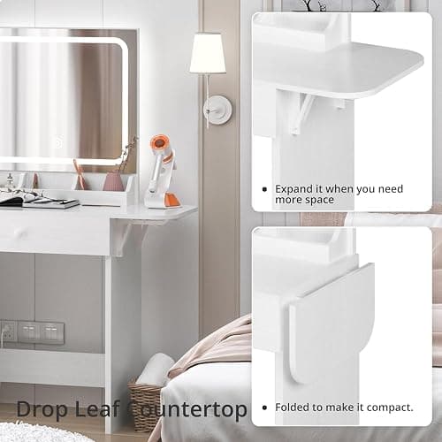 IRONCK Vanity Desk with LED Lighted Mirror & Power Outlet, Makeup Table with Drawers & Cabinet,Storage Stool, White thumbnail 7
