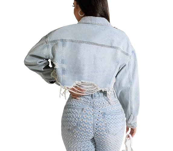HTD Women's Cropped Jean Jacket Button Up Long Sleeve Ripped Distressed Denim Jacket Frayed Hem thumbnail 2