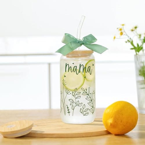 Gifts for Mom-Bow Mama Glass Cup with Lids and Straws Cute Aesthetic Iced Coffee Cup Smoothie Tumbler Gift for Mothers Day Christmas New Mom to be Personalized Birthday Presents for Women 16oz thumbnail 4