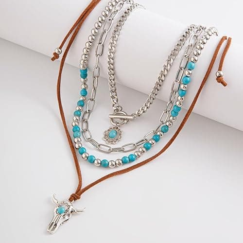 Hclian Western Necklaces Boho Layered Charm Necklace for Women Turquoise Beaded Choker Ox-head Pendant Necklace Western Jewelry for Women Cowgirl Accessories thumbnail 7