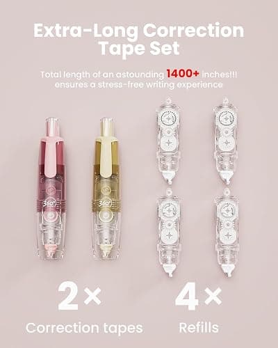 Four Candies 2-Pack White Correction Tape, Refillable, 118.1 ft, 6mm Width | 4 Refill Tapes, Retractable, Smooth, Tear-Resistant, Cute Pen Shaped Applicator for Back to School Teen & Adults thumbnail 5