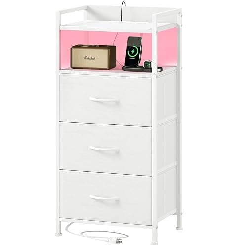 Somdot White Nightstand with Charging Station and LED Light for Bedroom, Tall 3 Drawers Dresser with Fabric Bins for Bedside Kids Dorm Room Closet Laundry Entryway, White Leather - White Leather - 11"D x 15.8"W x 33.5"H (3 Drawers) - Image 1