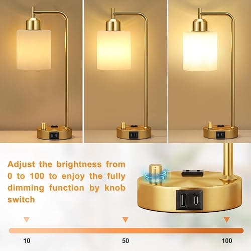 Innqoo Gold Lamp for Bedroom - Industrial Bedside Table Lamp with USB Port and Outlet, Fully Dimmable Nightstand Lamp with Opal Glass Shade, Small Desk Lamps for Home Office thumbnail 2
