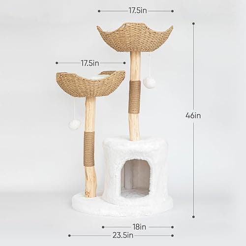 PISARRY Cat Tree Tower, 46 inch Modern Cat Tree for Indoor Cats Large Adult, Luxury Cat Condo with Scratching Post, Real Solid Wood Branch Indoor Boho Furniture, Climbing Tower, White thumbnail 6