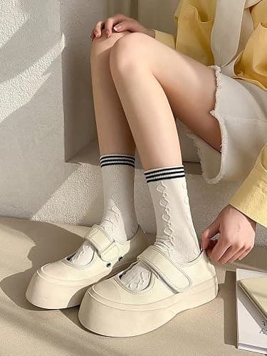 5 Pair Cute Beige Ruffle Frilly Rib Knit Crew Socks - Cottagecore Casual Ankle Coquette Kawaii Floral thumbnail 5