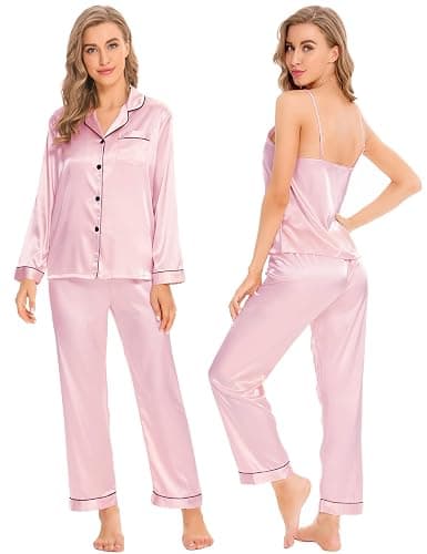 SWOMOG Women Satin Pajamas 4pcs Pajama Set Sexy Cami Shorts Set and Button Down Long Sleeve Pjs Loungewear Sleepwear thumbnail 2