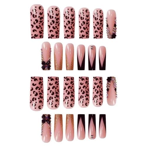 Long Press on Nails Square French Tip Fake Nails with Black 3D Bow Rhinestone Design Glue on Nails Leopard Print False Nails Glossy Acrylic Full Cover Stick on Nails Artificial Nails for Women 24 Pcs thumbnail 2