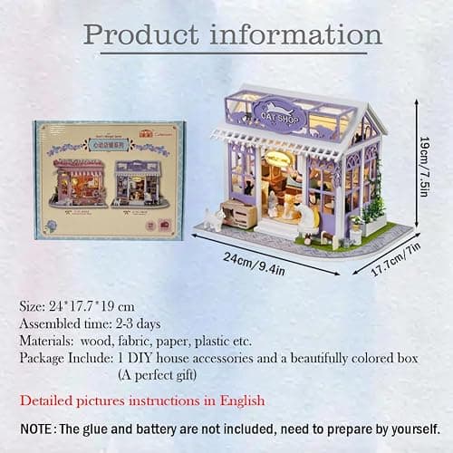 DIY Puppenhaus Miniatur Kit, Mini Cat Pet Shop Puzzle Modell 1:24 Kätzchen Puppenhaus Möbel Zubehör und LED Lichter Kinder Teen und Erwachsene bauen Geschenk (Cat Store) thumbnail 3