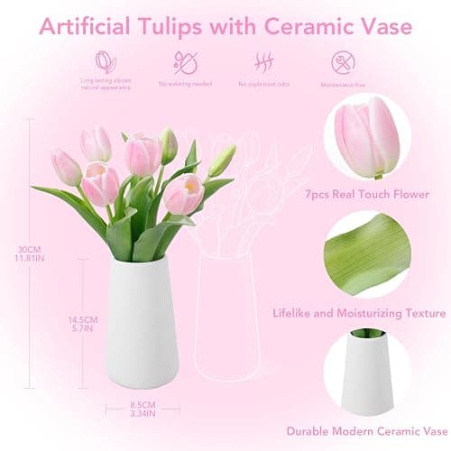 Wenhuidr Light Pink Lifelike Artificial Tulips with Ceramic Vase, Soft-Touch Latex Fake Flowers Arrangement for Wedding Centerpieces, Modern Farmhouse Home & Office Table Party Room Decor thumbnail 3