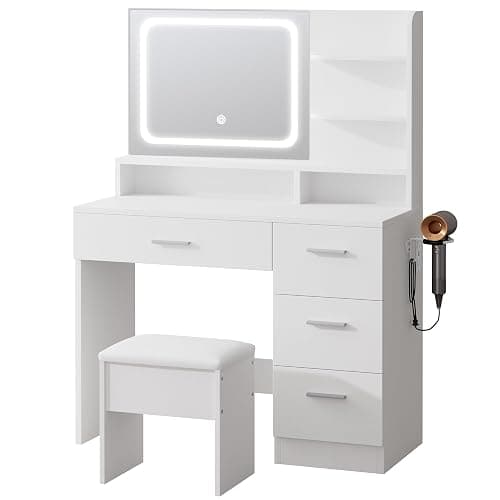 LIVELYGLOW Makeup Vanity Desk with Smart LED Mirror & Charging Station, 35.4" White Vanity Table Set with Cushioned Stool, 4 Drawers & Hairdryer Rack, Modern Bedroom Dressing Table-White thumbnail 9