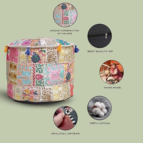 Aakriti Gallery Indian Pouf Footstool Ethnic Embroidered Pouf Cover - Cotton Round Pouffe Ottoman - Beige, 22x14 thumbnail 4