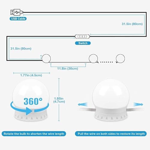 Pretmess Vanity Lights for Mirror, Hollywood Style Vanity Lights with 10 dimmable Bulbs,Adjustable Color & Brightness,USB Cable(No Mirror Include) thumbnail 6