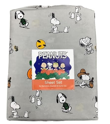 Berkshire Blanket & Home Co. Peanuts Halloween Fall Themed Sheet Sets (Gray - Halloween Costumes Zombie, Mummy & Cowboy, Twin) - Image 1