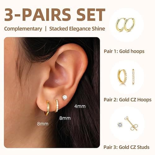 3 Pairs Cute Small Gold Filled Hoop Earrings Set for Women Diamond-Like Shine Cubic Zirconia Stud Earrings for Sensitive Ears thumbnail 2