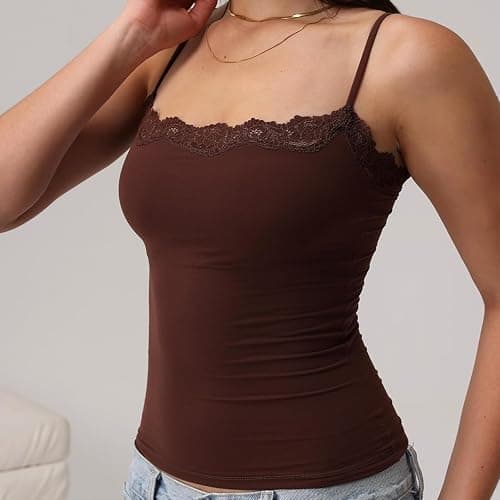 RUIWANBBY Padded Lace Trim Cami Top for Women Sexy Tank Top Spaghetti Strap Club Party Shirts Y2k Going Out Undershirt Tops thumbnail 4