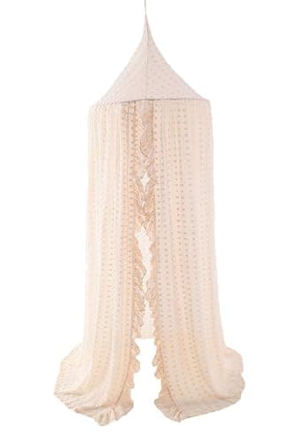 Wonder Space Elegant Kids Bed Canopy - Lace Chiffon Netting with Pom Pom, Princess Girls Fairy Dream Tent, Nursery Room Baby Crib Hanging Curtain Mosquito Net Children Reading Nook Decoration (Beige) - Image 1