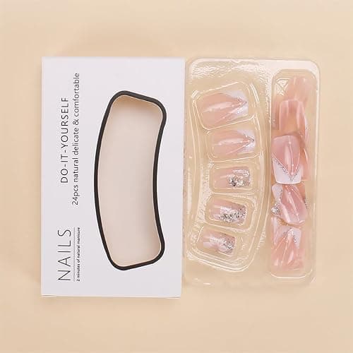 DZPGUONIZ 24pcs Short Square Press on Nails French Tip Fake Nails White Flower with Star Design Glitter False Nails Luxury Nail Charms Crafts White Stripes Glue on Nails for Women Manicure Tips thumbnail 2