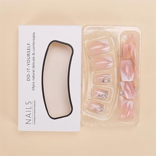 DZPGUONIZ 24pcs Short Square Press on Nails French Tip Fake Nails White Flower with Star Design Glitter False Nails Luxury Nail Charms Crafts White Stripes Glue on Nails for Women Manicure Tips thumbnail 3