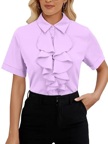 Vrtige Women's Ruffle Front Collar Neck Button Down Short Sleeve Blouse Shirt Top - Image 1