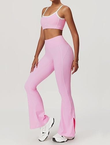 OMEWEE Yoga sets for women 2 piece Fashion contrasting lines Sports Bra and High Wasit Split hem Flared Leggings thumbnail 5