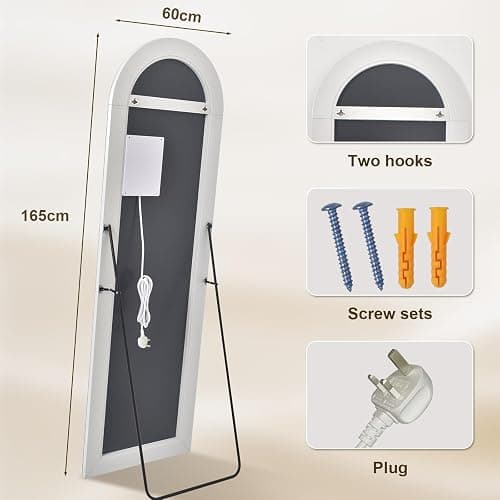 Koonmi 165x60 cm Arched LED Full Length Mirror with Lights, Light-adjustable Full Body Mirror with Stand Equipped with Touch Buttons, White thumbnail 2