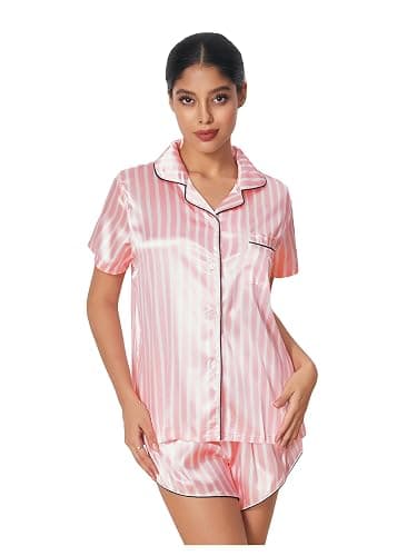WDIRARA Women's Sleepwear Satin Short Sleeve Shirt and Shorts Pajama Set thumbnail 4