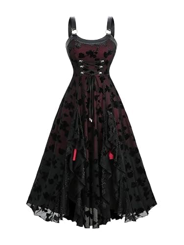 DRESSFO Gothic Punk Victorian Floral Silver Flocking Lace Up Panel Ruffles Midi Vinatge Goth Dress - Image 1