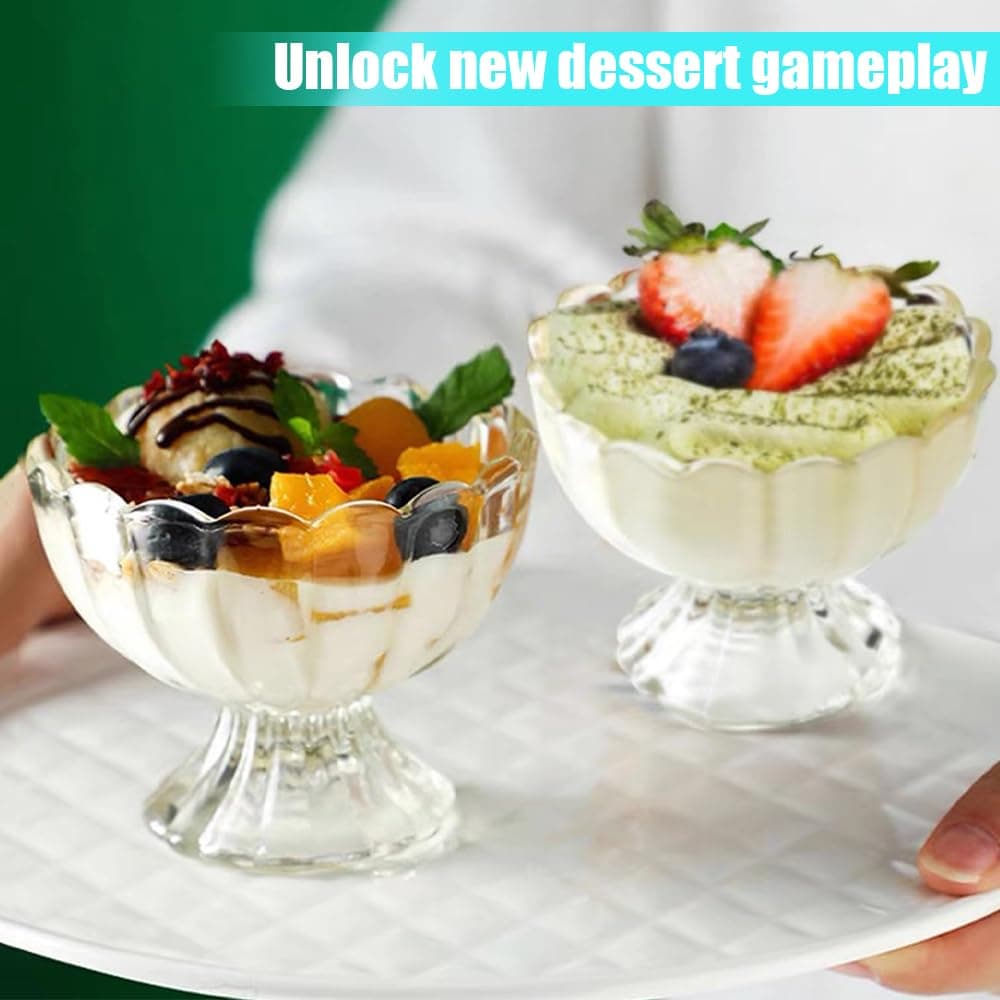 6 Pcs Lotus Glass Cups, Footed Elegant Glass, Portable Glass Pudding Cup, Small Bowl for Dessert, Sundae, Ice Cream, Salad, Cocktail, Condiment, Trifle (Clear, 9 * 9 * 7.5 CM) ﻿ thumbnail 7