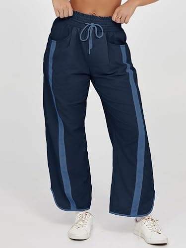 Fisoew Women's Baggy Wide Leg Pants Casual Drawstring Elastic Waisted Contrast Color Workout Y2K Track Pants thumbnail 6