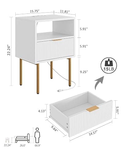 Masupu Nightstand with Charging Station,Mid-Century Modern Bedside Table with Storage Drawer and Open Wood Shelf,Small Gold Frame Side Table for Bedroom,Living Room (White) - White Stripe - 1 Drawer thumbnail 2