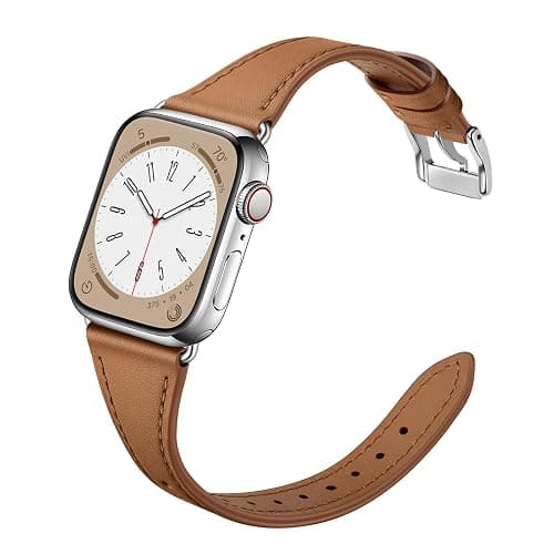 XCCYBTT Bands Compatible with Apple Watch Band 46mm 45mm 44mm Ultra 49mm | Genuine Leather Replacement Strap for iWatch Series 11/10/9/8/7/6/5/4/3/2/1 SE 3/2/1 Ultra 3 2 1 Women, Brown/Silver - Image 1