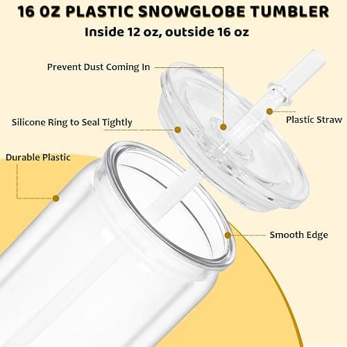 Maucircol 16 Oz Plastic Snowglobe Tumbler, 6 Pack Pre-Drilled Double Wall Plastic Clear Cup for Glitter Snow Globe Diy, Double Wall Snowglobe Cup with Clear Lid thumbnail 3