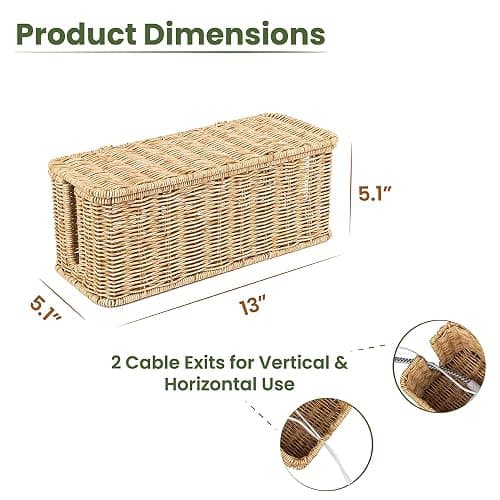 Cable Management Box, Handmade Rattan Cable Organizer, 2 Open Slots Cords Hider Box, Under Desk Cord Organizer for Computer Router USB Hub & Power Strip, Patent Pending, 13" x 5.1" x 5.1", Natural thumbnail 9