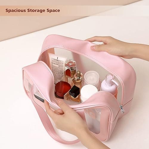 DAPOWER Travel Toiletry Bag for Women, Matte Translucent Toiletry Bag with Handy Handle, Makeup Cosmetic Organizer Bag for Travel Toiletries Accessories (Pink) thumbnail 3
