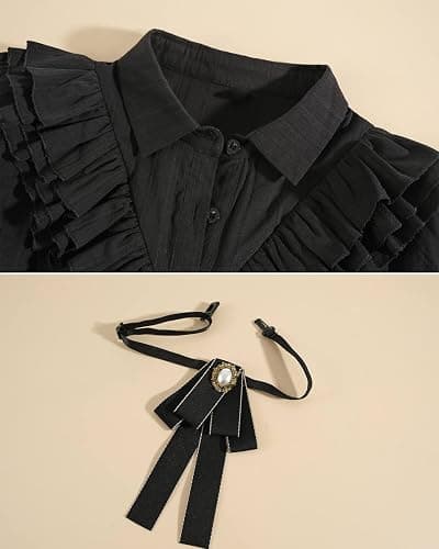 Nuoqi Victorian Blouse Women Black Ruffle Edwardian Shirt Short Cotton 1800s Vintage Top with Bow thumbnail 6