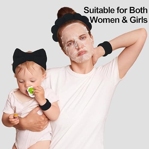 Canitor Sponge Spa Headbands Wristband Set with Hair Clips Skincare for Washing Face Non Slip Puffy Terry Cloth Makeup Headband Face Wash Wrist Bands Cute Trendy Stuff (black) thumbnail 6