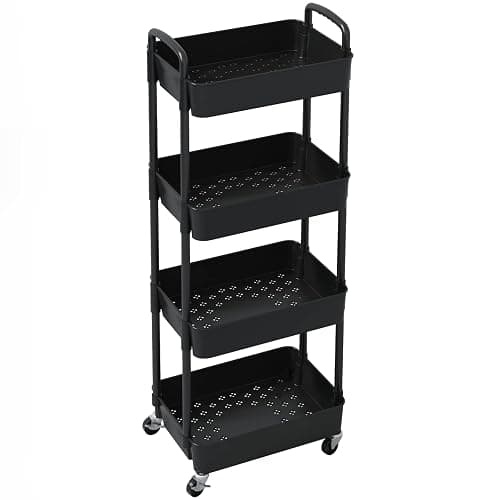 Sywhitta 4-Tier Plastic Rolling Utility Cart with Handle, Multi-Functional Storage Trolley for Office, Living Room, Kitchen, Movable Storage Organizer with Wheels, Black - 4-tier - Black thumbnail 4