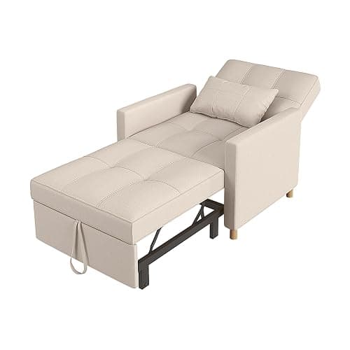 YODOLLA Pull Out Sleeper Chair Bed 80cm Single Sofa Armchair, Beige | 3-position reclining backrest, practical side storage pocket, space-efficient foldable guest sleeping design - Image 1