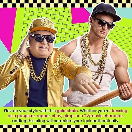 Fake Gold Chain Fancy Dress Jewellery for Men and Kids - Chunky Gold Necklace Costume Jewellery for 80s Fancy Dress Men - Gangster Chain for Rapper, Hip Hop Outfit or Pimp Costume thumbnail 6