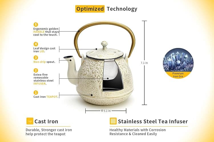 Toptier Cast Iron Tea Kettle, Stovetop Safe Japanese Cast Iron Teapot with Infuser, Leaf Design Tea Kettle for Stove Top Coated with Enameled Interior for 32 Ounce (950 ml), Warm Beige & Gray thumbnail 3