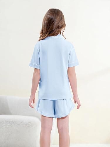 QZH.DUAO 3 Piece Girls Pajama Sets 100% Cotton Ruffle Long Pants with Shorts Sleepwear 3pcs Button Down PJs 5-14 Years thumbnail 7