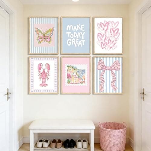 6Pcs Unframed Pink Blue Beach Wall Art Trendy Coastal Granddaughter Wall Decor Picture Summer Preppy Lobster Bow Canvas Posters Prints for Girls Apartment Dorm Home Decorations thumbnail 2
