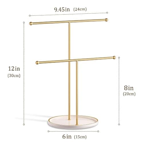 Josmimic Gold Jewelry Holder Stand with Ceramic Tray: Small Hanging Necklace Organizer Tree for Earrings, Bracelets, Rings – Jewelry Display Hanger for Women & Girls, White thumbnail 6