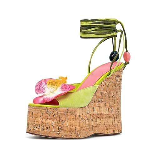LINMUYOUJIA women's Flowers Cork Platform Bohemian wedge sandals Womens ankle Strap Tropical Peep Toe lime green Tie Up High Heel Party Prom Evening Dance Shoes thumbnail 5