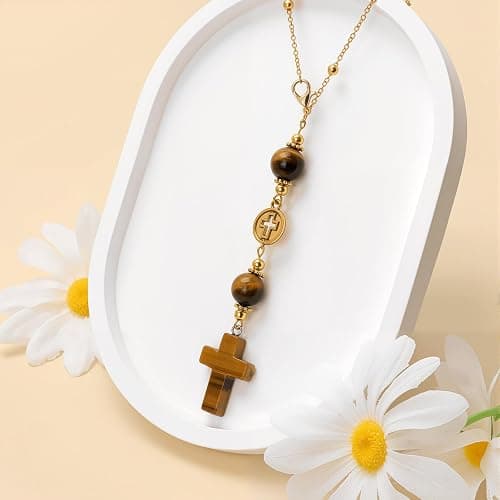 Cross Crystal Hanging Car Charm,Cute Healing Stones Car Decor for Rear View Mirror Boho Handmade Sun Catcher Ornament Accessories Tiger Eye Crystal Protection for Women thumbnail 7