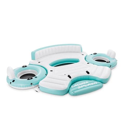 Intex Laguna Splash Island Outdoor Floating Water Raft with 2 Detachable Solo Lounge Tubes, Connectors, Built-in Cupholders, and Grab Handles, Blue - Image 1
