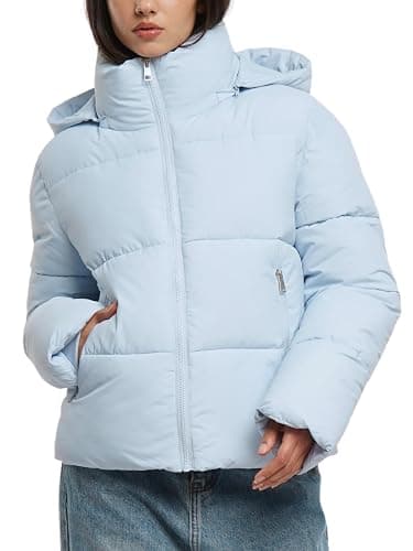 PUFFIT Women's Cropped Puffer Jackets,Warm Winter Jacket with Removable Hood,Zipped Pockets,Short Ladies Quilted Coat - Large - Lilac Blue - Image 1