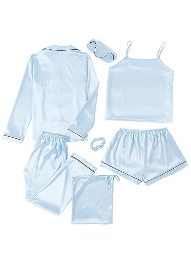 LYANER Women's Pajamas Set 7pcs Silk Satin Sleepwear Loungewear Cami Shirt Pj Set thumbnail 3